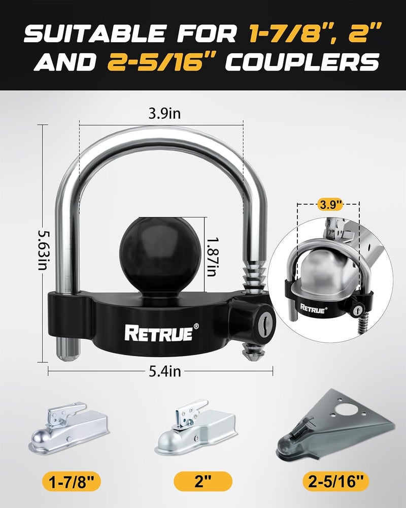 RETRUE Keyed Alike Trailer Lock Set Tow & Store Lock Kit Include Universal Coupler Lock & Dual Hitch Receiver Pin Lock & Trailer Tongue Lock, Black - Image 3